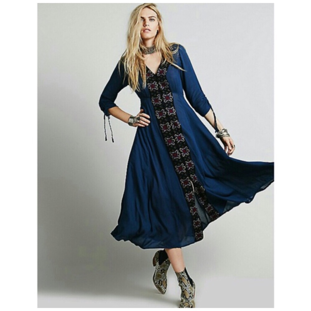 Free People Blue Embroidered Midi Dress